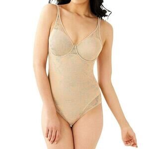 BALI Womens Ultra Light Firm Control Bodysuit Nude Floral Lace - Size 34C NWT